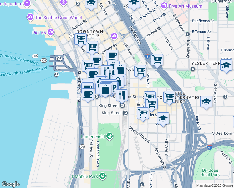 map of restaurants, bars, coffee shops, grocery stores, and more near 210 South Jackson Street in Seattle