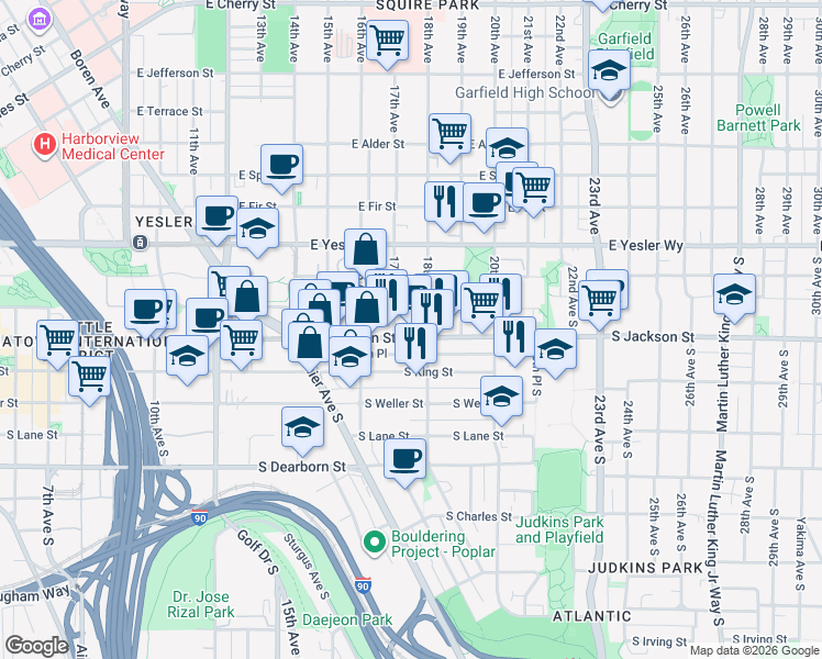 map of restaurants, bars, coffee shops, grocery stores, and more near 1710 South Jackson Street in Seattle