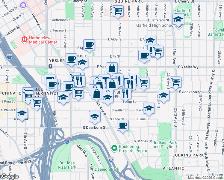 map of restaurants, bars, coffee shops, grocery stores, and more near 1600 South Jackson Street in Seattle