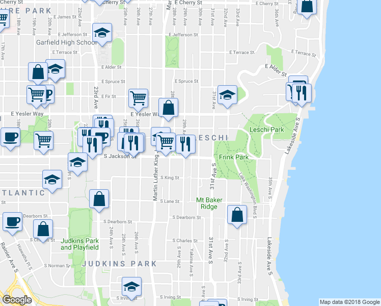 map of restaurants, bars, coffee shops, grocery stores, and more near 2908 South Jackson Street in Seattle