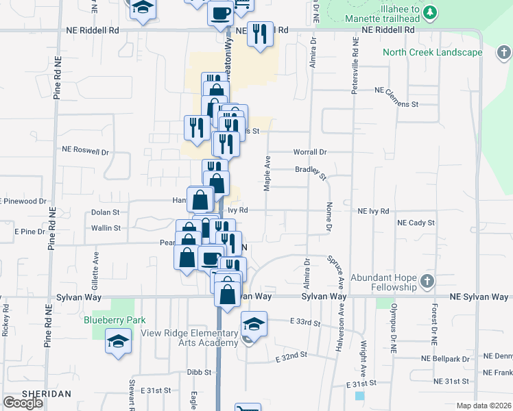 map of restaurants, bars, coffee shops, grocery stores, and more near 3804 Maple Avenue in Bremerton