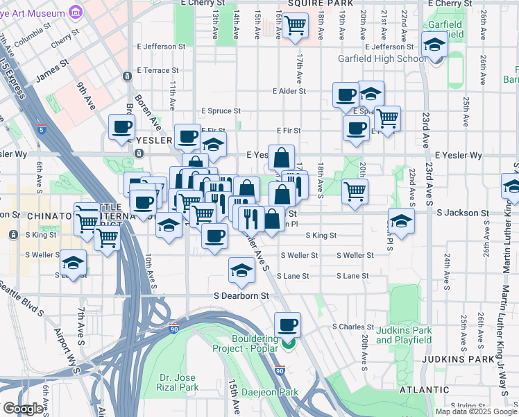 map of restaurants, bars, coffee shops, grocery stores, and more near 1428 South Jackson Street in Seattle