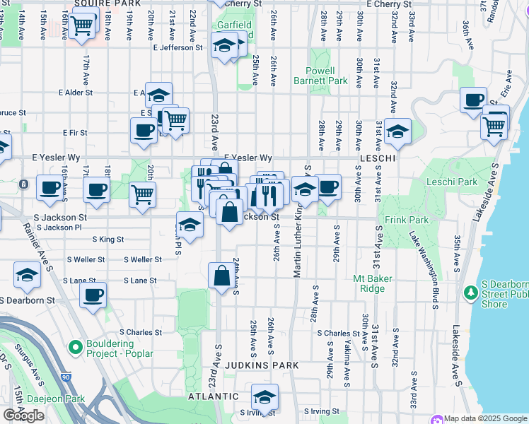 map of restaurants, bars, coffee shops, grocery stores, and more near 2506 South Jackson Street in Seattle