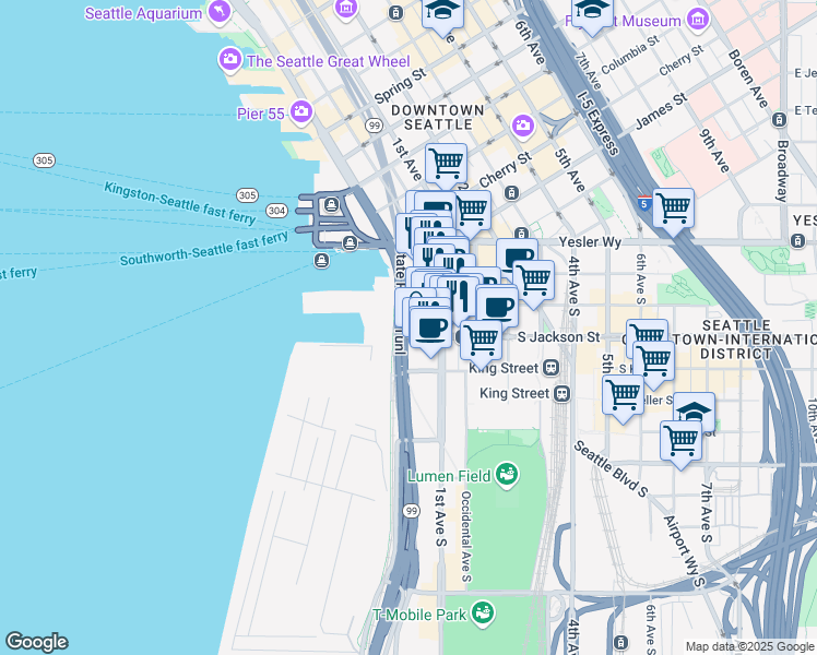 map of restaurants, bars, coffee shops, grocery stores, and more near 109 Alaskan Way Viaduct in Seattle