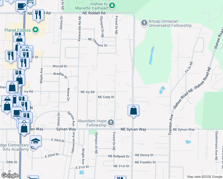 map of restaurants, bars, coffee shops, grocery stores, and more near 2044 Northeast Ivy Road in Bremerton