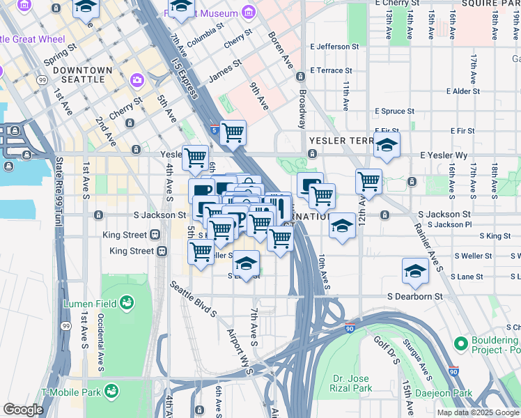 map of restaurants, bars, coffee shops, grocery stores, and more near 710 South Jackson Street in Seattle