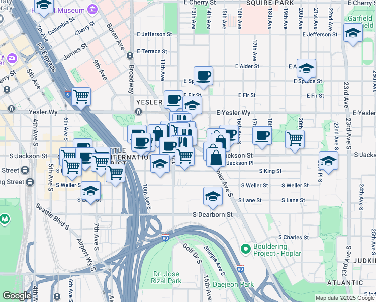 map of restaurants, bars, coffee shops, grocery stores, and more near 1224 South Jackson Street in Seattle