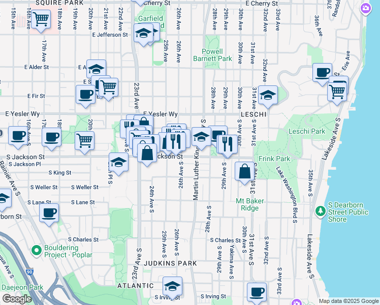 map of restaurants, bars, coffee shops, grocery stores, and more near 2612 South Jackson Street in Seattle