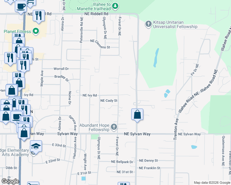 map of restaurants, bars, coffee shops, grocery stores, and more near 2044 Northeast Ivy Road in Bremerton