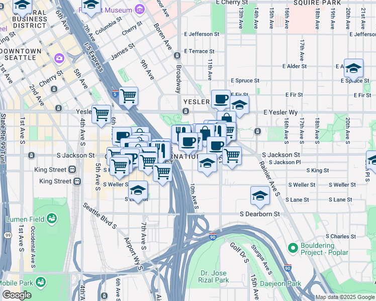 map of restaurants, bars, coffee shops, grocery stores, and more near 900 South Jackson Street in Seattle