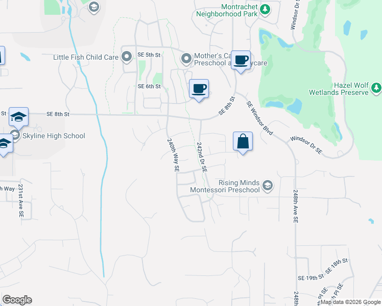 map of restaurants, bars, coffee shops, grocery stores, and more near 24036 Southeast 10th Court in Sammamish