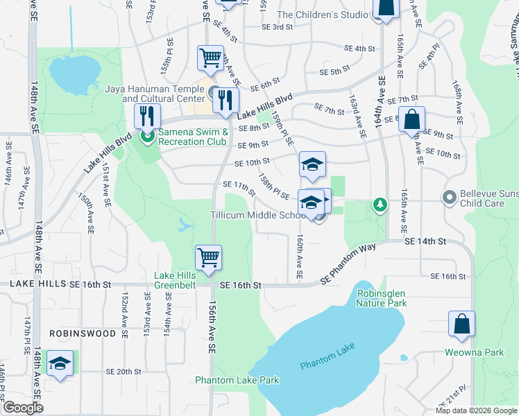 map of restaurants, bars, coffee shops, grocery stores, and more near 15805 Southeast 12th Place in Bellevue