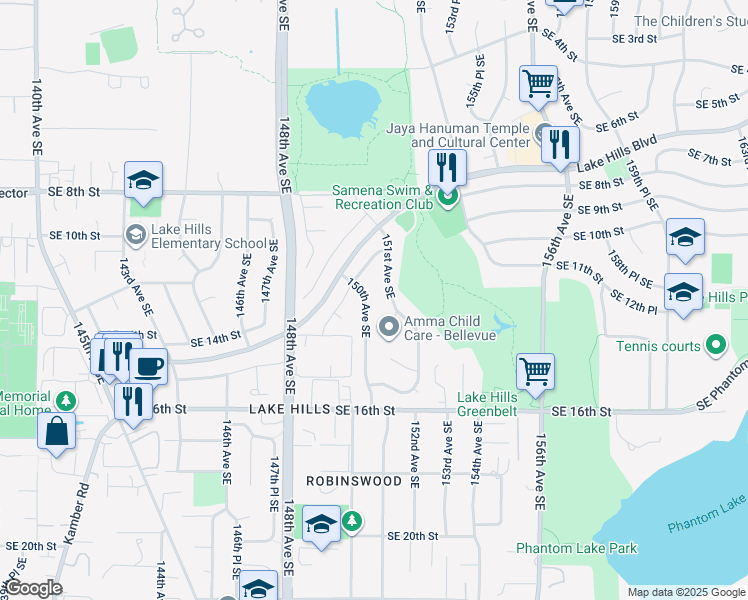 map of restaurants, bars, coffee shops, grocery stores, and more near 1218 150th Avenue Southeast in Bellevue