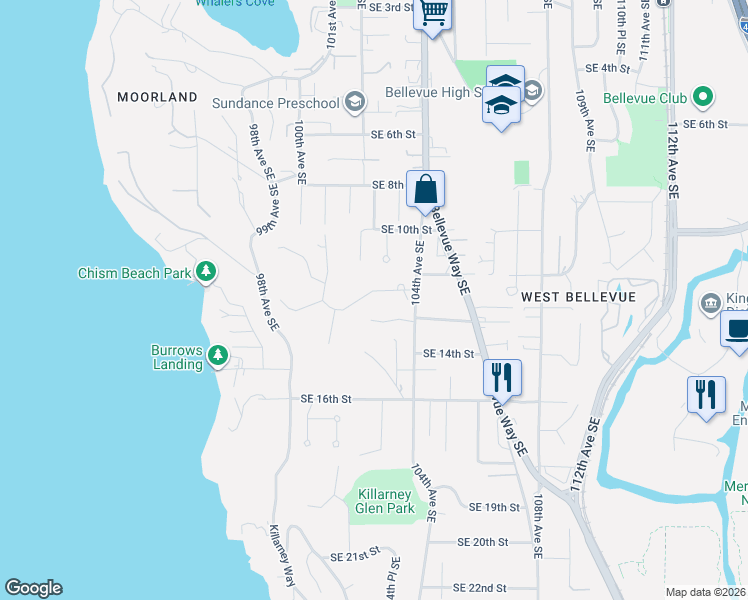 map of restaurants, bars, coffee shops, grocery stores, and more near 105 Cedar Crest Lane in Bellevue
