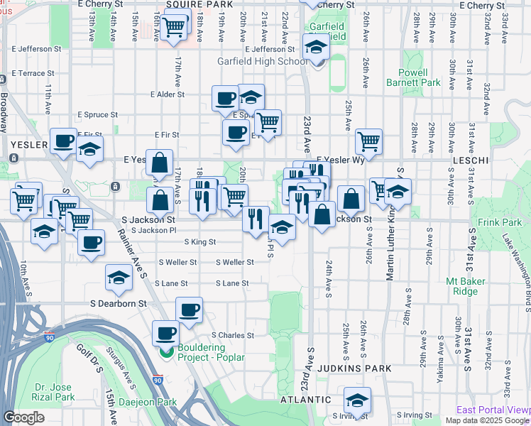 map of restaurants, bars, coffee shops, grocery stores, and more near 2010 South Jackson Street in Seattle