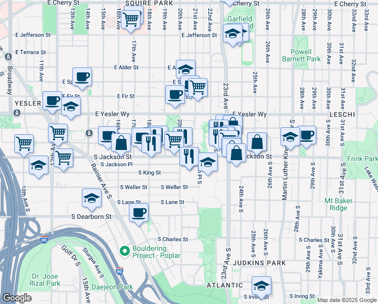 map of restaurants, bars, coffee shops, grocery stores, and more near 2010 South Jackson Street in Seattle