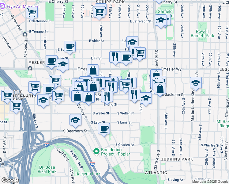 map of restaurants, bars, coffee shops, grocery stores, and more near 1800A South Jackson Street in Seattle