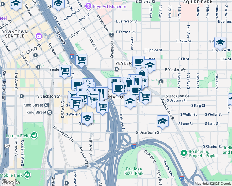 map of restaurants, bars, coffee shops, grocery stores, and more near 900 South Jackson Street in Seattle