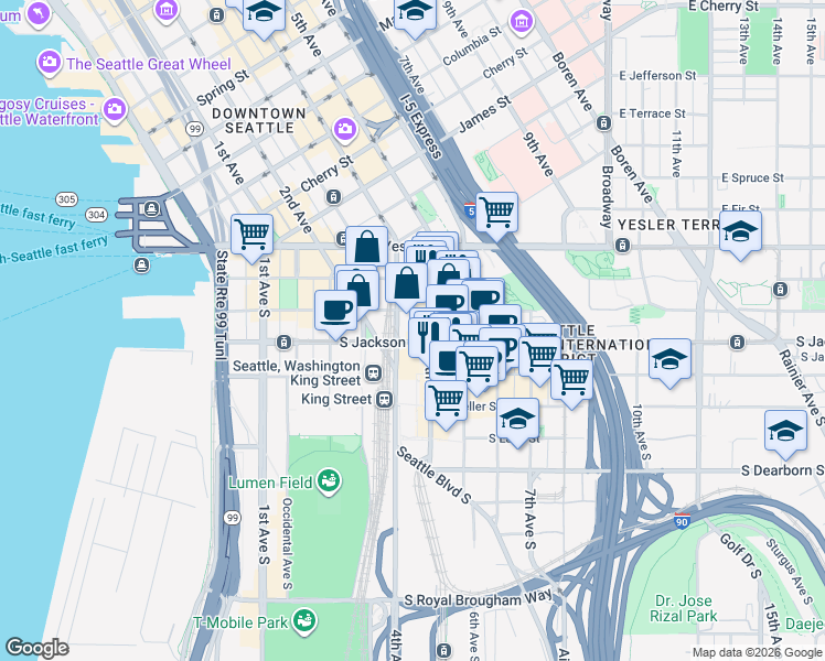 map of restaurants, bars, coffee shops, grocery stores, and more near 308 4th Avenue South in Seattle