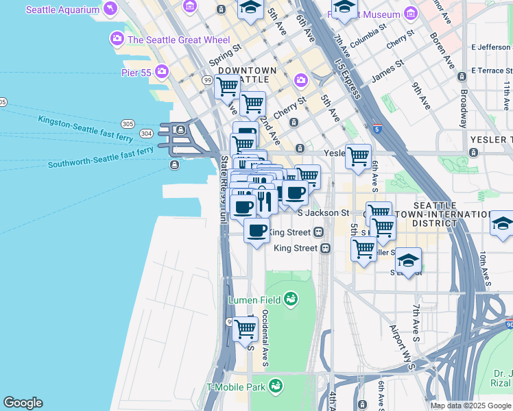map of restaurants, bars, coffee shops, grocery stores, and more near in Seattle