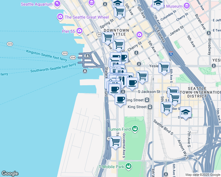 map of restaurants, bars, coffee shops, grocery stores, and more near 109 Alaskan Way Viaduct in Seattle