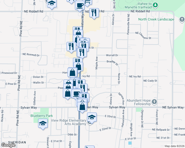 map of restaurants, bars, coffee shops, grocery stores, and more near 3804 Maple Avenue in Bremerton