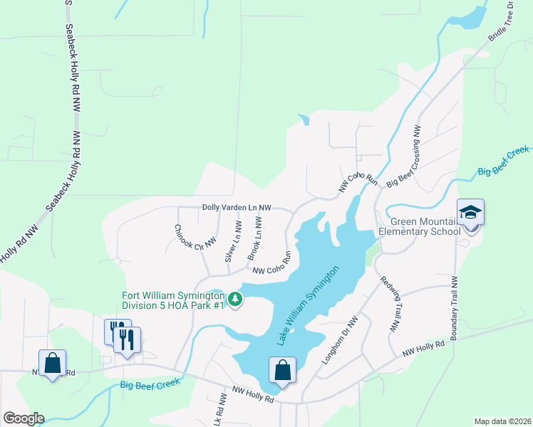 map of restaurants, bars, coffee shops, grocery stores, and more near 4064 Brook Lane Northwest in Bremerton