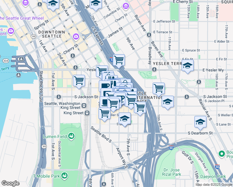 map of restaurants, bars, coffee shops, grocery stores, and more near 316 Maynard Avenue South in Seattle