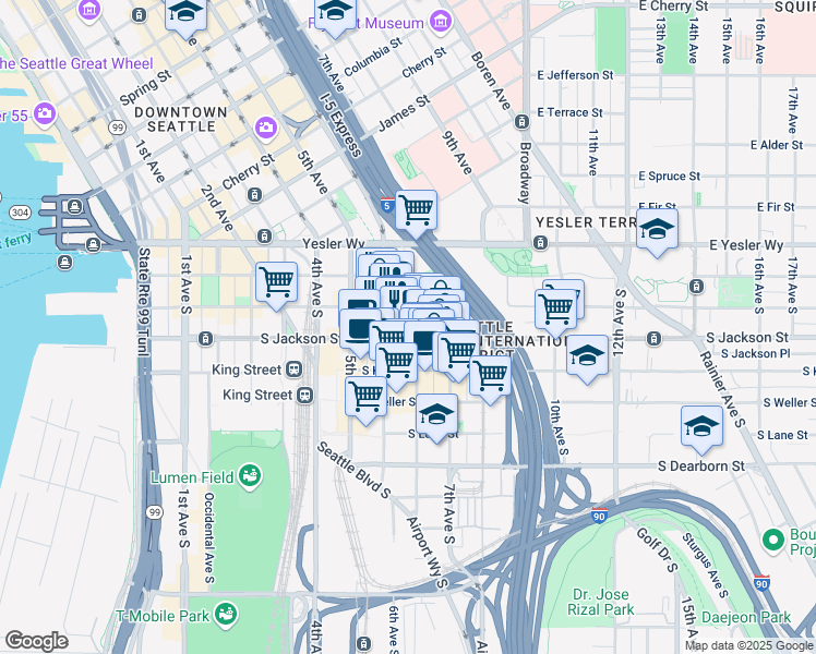 map of restaurants, bars, coffee shops, grocery stores, and more near 315 Maynard Avenue South in Seattle