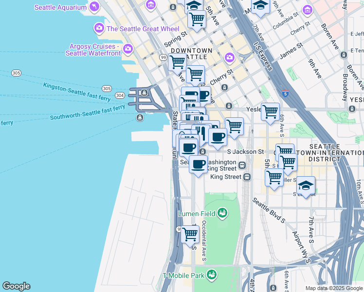 map of restaurants, bars, coffee shops, grocery stores, and more near 74 South Jackson Street in Seattle