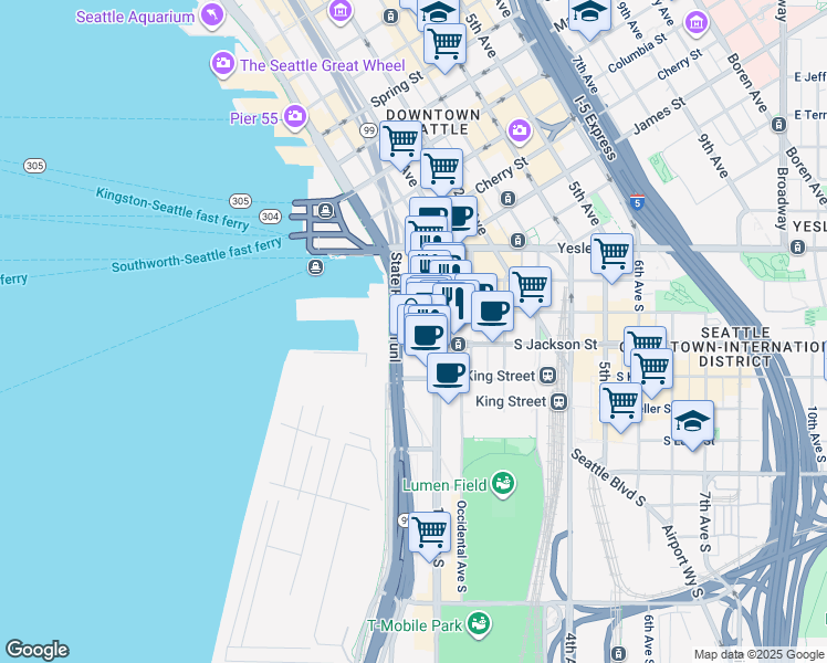 map of restaurants, bars, coffee shops, grocery stores, and more near 109 Alaskan Way Viaduct in Seattle