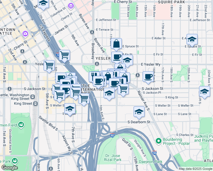 map of restaurants, bars, coffee shops, grocery stores, and more near 1032 South Jackson Street in Seattle