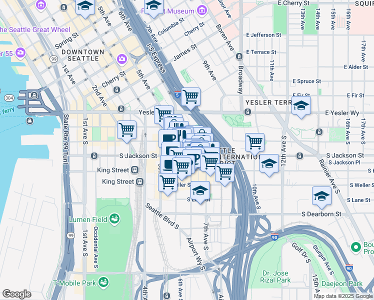 map of restaurants, bars, coffee shops, grocery stores, and more near 316 Maynard Avenue South in Seattle