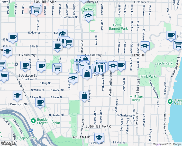 map of restaurants, bars, coffee shops, grocery stores, and more near 2400 South Jackson Street in Seattle