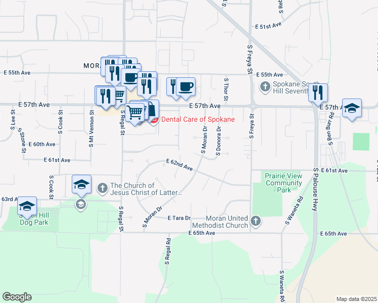 map of restaurants, bars, coffee shops, grocery stores, and more near 3306 E Donora Ct in Spokane