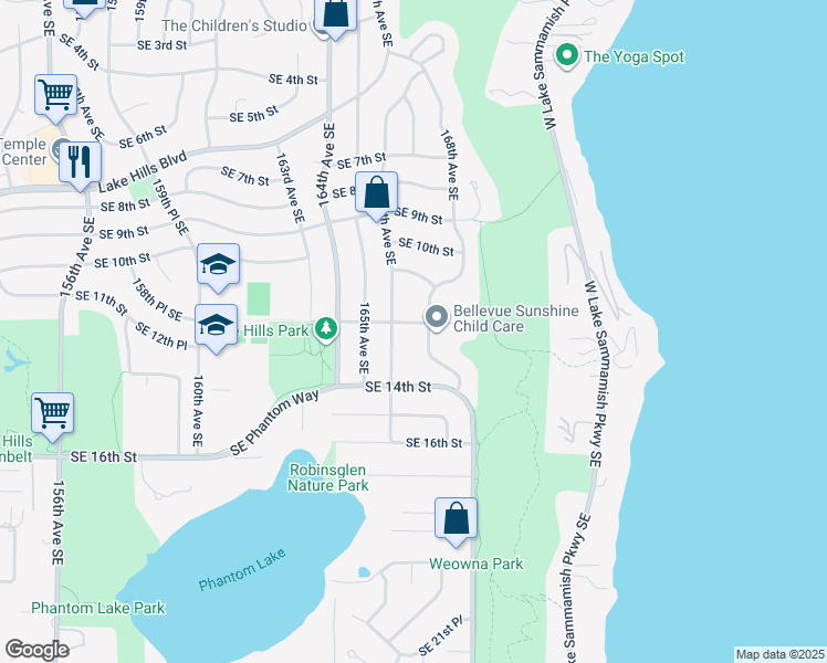 map of restaurants, bars, coffee shops, grocery stores, and more near 16619 Southeast 12th Street in Bellevue