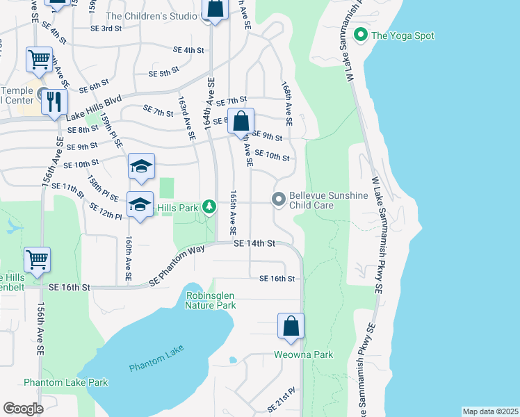 map of restaurants, bars, coffee shops, grocery stores, and more near 16619 Southeast 12th Street in Bellevue