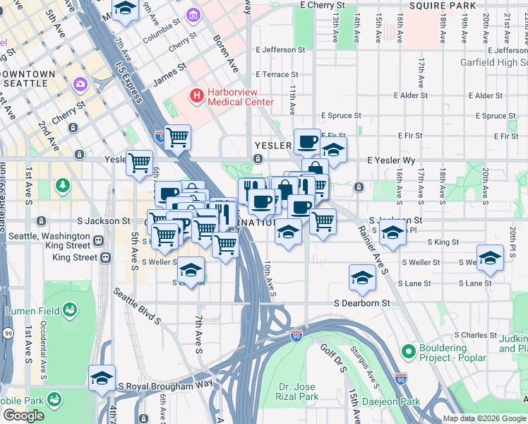 map of restaurants, bars, coffee shops, grocery stores, and more near 900 South Jackson Street in Seattle