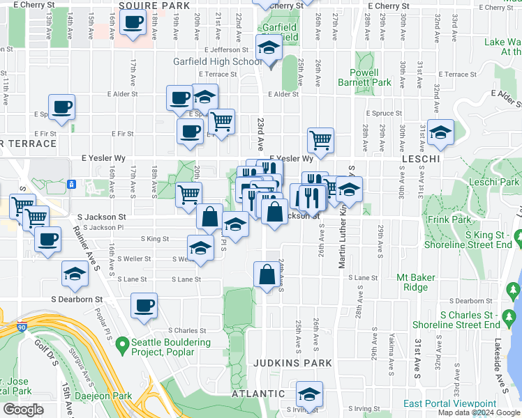 map of restaurants, bars, coffee shops, grocery stores, and more near 329 23rd Avenue South in Seattle
