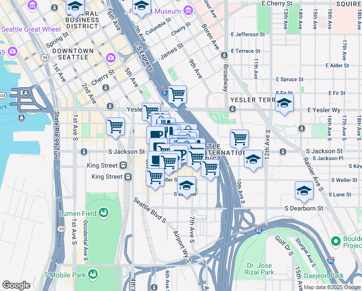 map of restaurants, bars, coffee shops, grocery stores, and more near 316 Maynard Avenue South in Seattle
