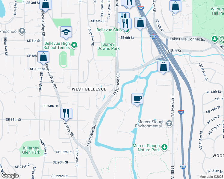 map of restaurants, bars, coffee shops, grocery stores, and more near 1122 Bellefield Park Lane in Bellevue