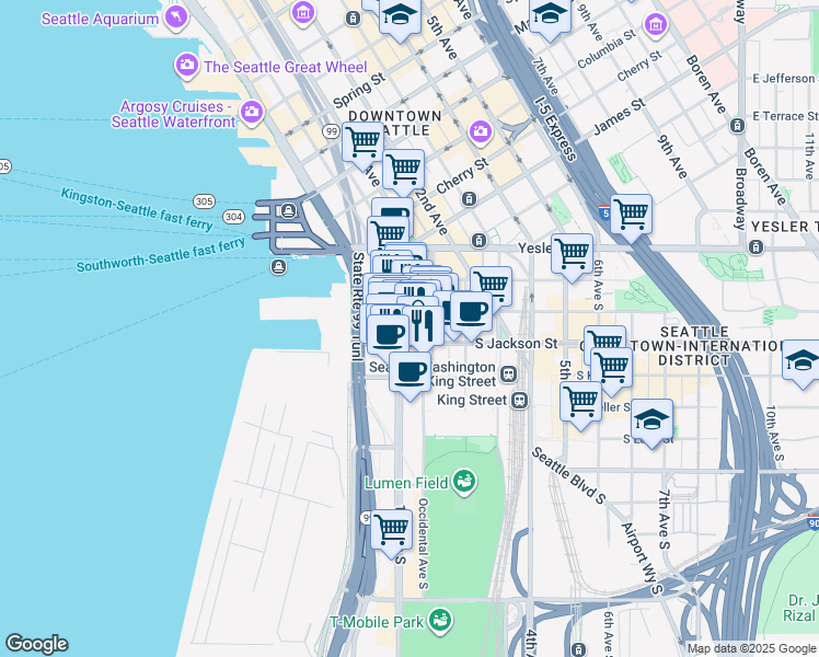 map of restaurants, bars, coffee shops, grocery stores, and more near 312 1st Avenue South in Seattle