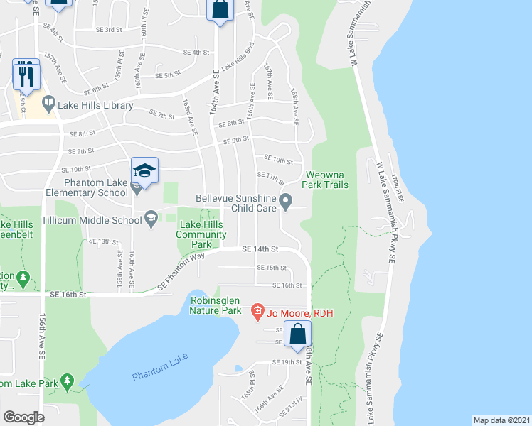 map of restaurants, bars, coffee shops, grocery stores, and more near 16619 Southeast 12th Street in Bellevue