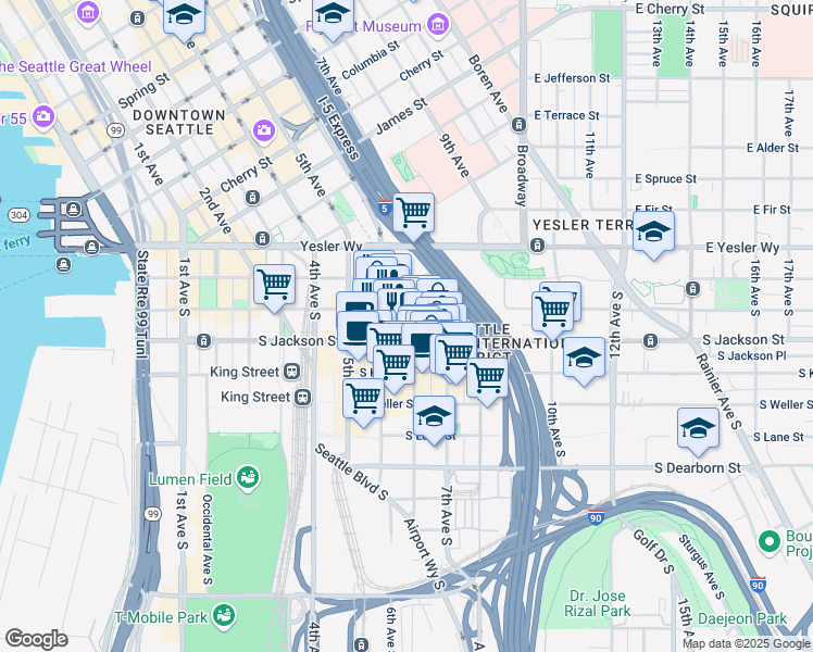 map of restaurants, bars, coffee shops, grocery stores, and more near 316 Maynard Avenue South in Seattle