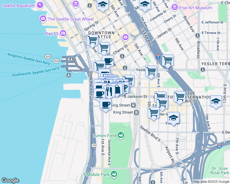 map of restaurants, bars, coffee shops, grocery stores, and more near in Seattle