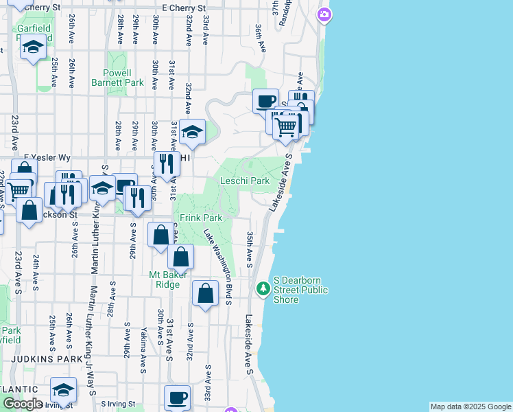 map of restaurants, bars, coffee shops, grocery stores, and more near 3509 South Leschi Place in Seattle