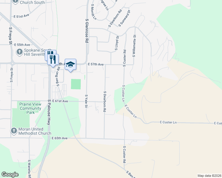 map of restaurants, bars, coffee shops, grocery stores, and more near 5915 South Dearborn Road in Spokane