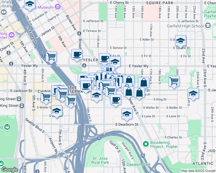 map of restaurants, bars, coffee shops, grocery stores, and more near 1224 South Jackson Street in Seattle