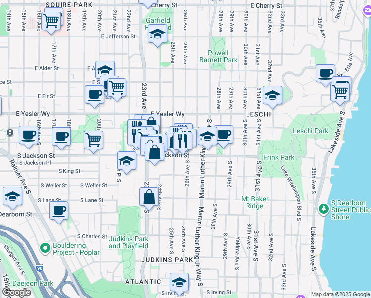 map of restaurants, bars, coffee shops, grocery stores, and more near 2524 South Jackson Street in Seattle