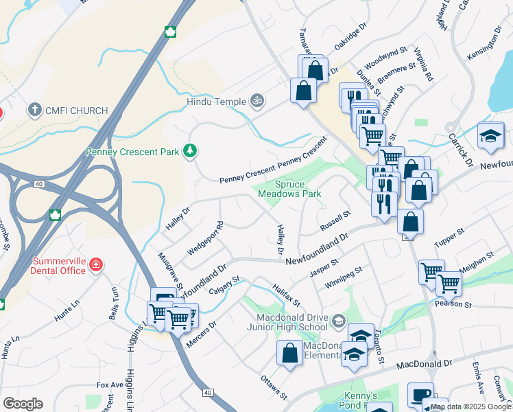 map of restaurants, bars, coffee shops, grocery stores, and more near 39 Halley Drive in St. John's